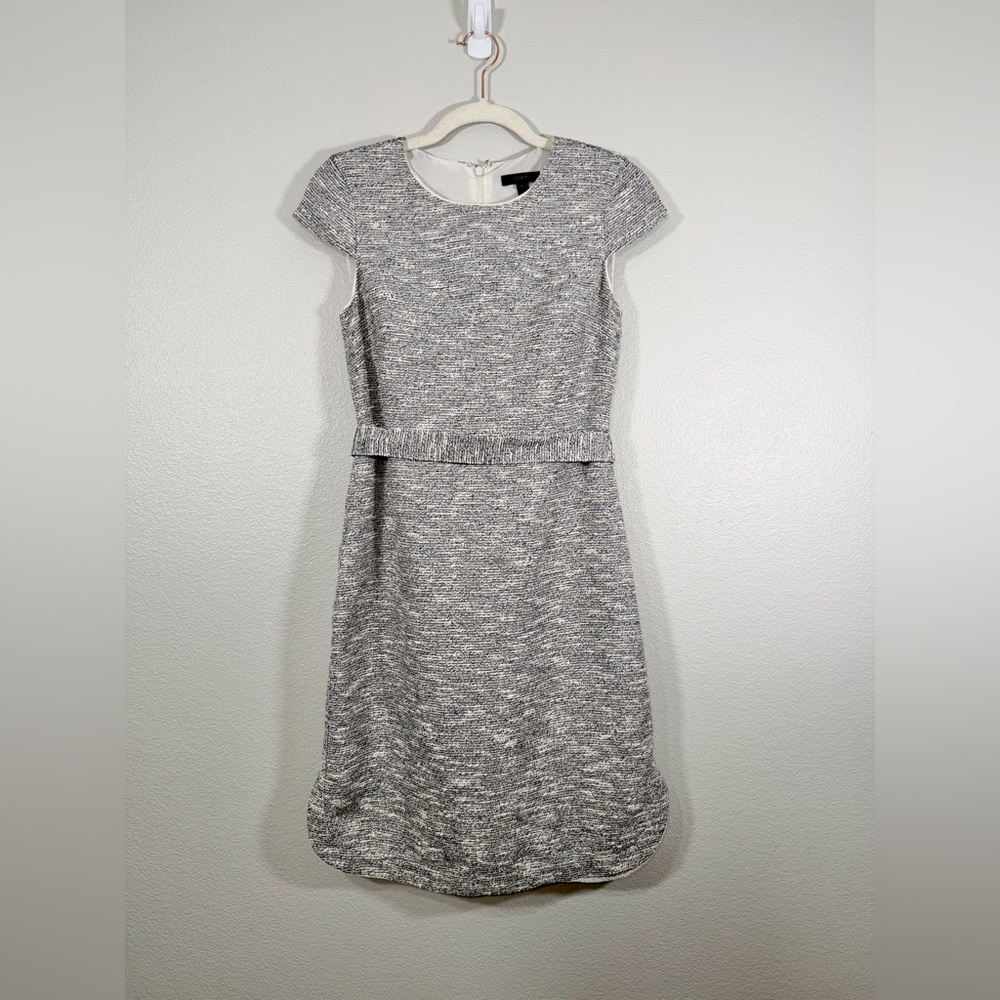 J. Crew Dress Wool Tweed Sheath White Gray Textured Tie Belt Cap Sleeve Women 2